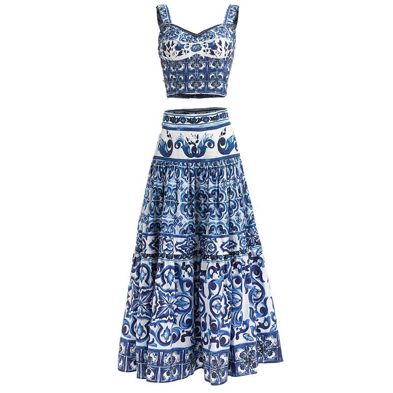 Summer Skirts Suit Women Short Camis Corset Top＋Blue and White Porcelain Print Vacation Skirts 2 Pieces Set2