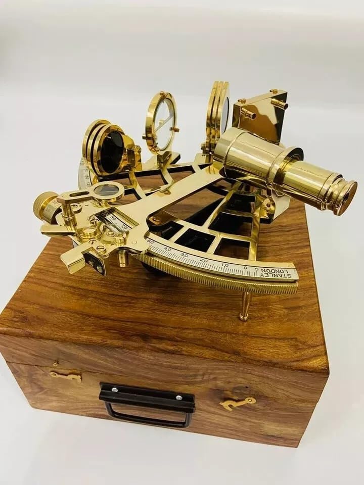 Vintage Nautical Maritime Brass Sextant with Wooden Box Marine Working Sextant