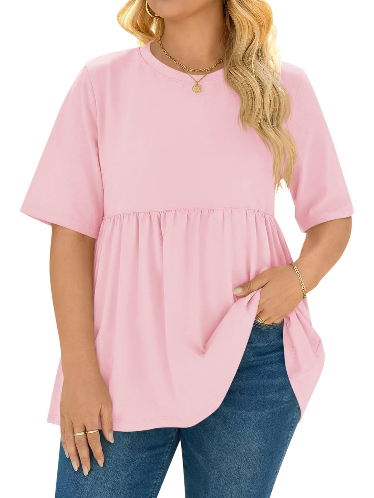 Beautife Womens Plus Size Summer Babydoll Tops Short Sleeve Crew Neck T Shirts Peplum Casual Loose Fit Blouse
