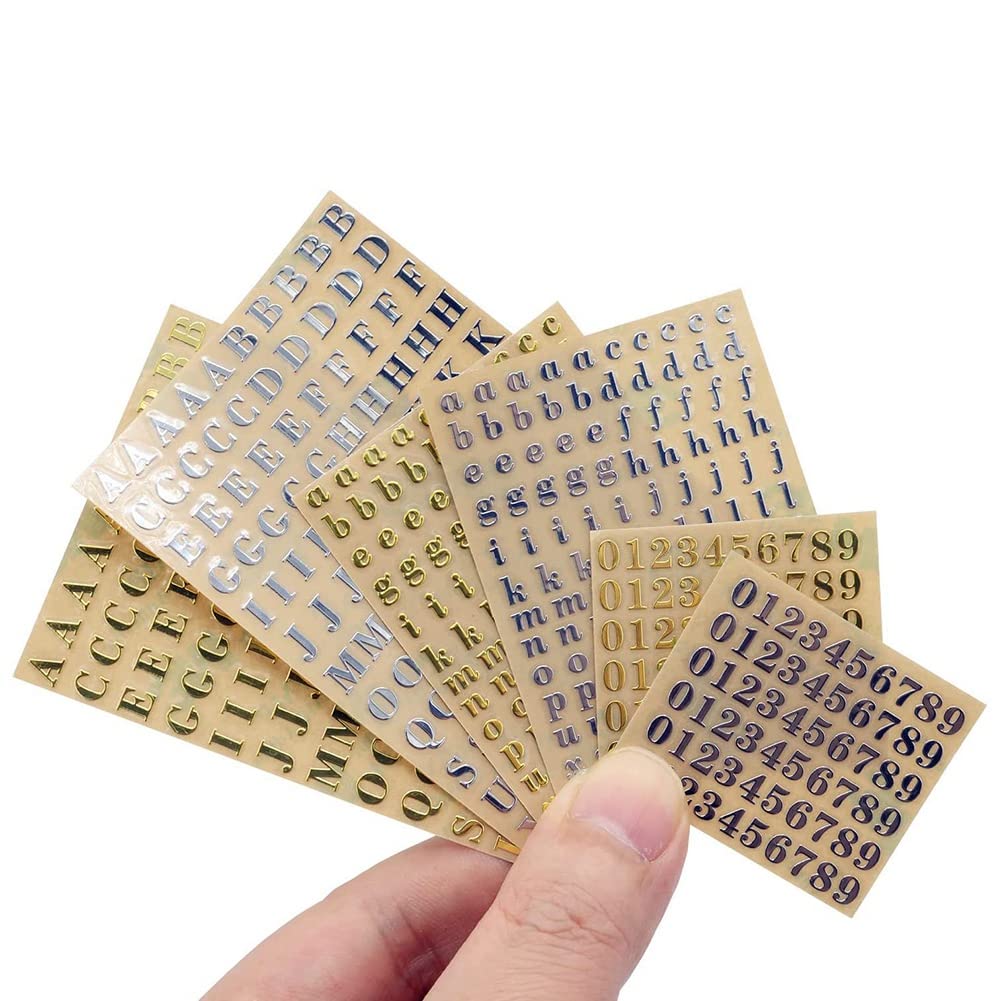 CTRLZS 6 Sheets Small 0.18 Inch Alphabet Number Stickers Glitter Alloy Self Adhesive Letters Stickers Gold/Silver (4.5mm)