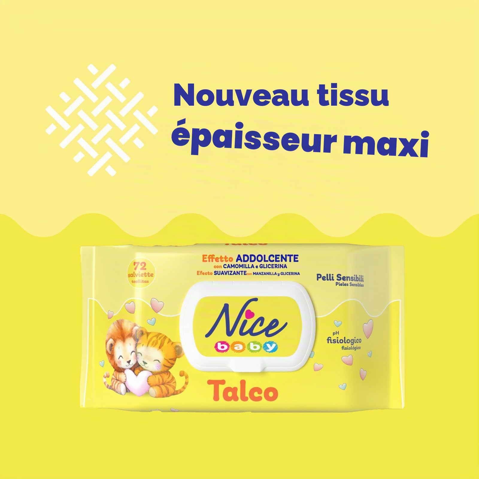 Nice - Lingettes nettoyantes pour enfants et nourrissons - Avec camomille et glycérine - Parfum doux au talc - Testé dermatologiquement - Format : 72 Lingettes -