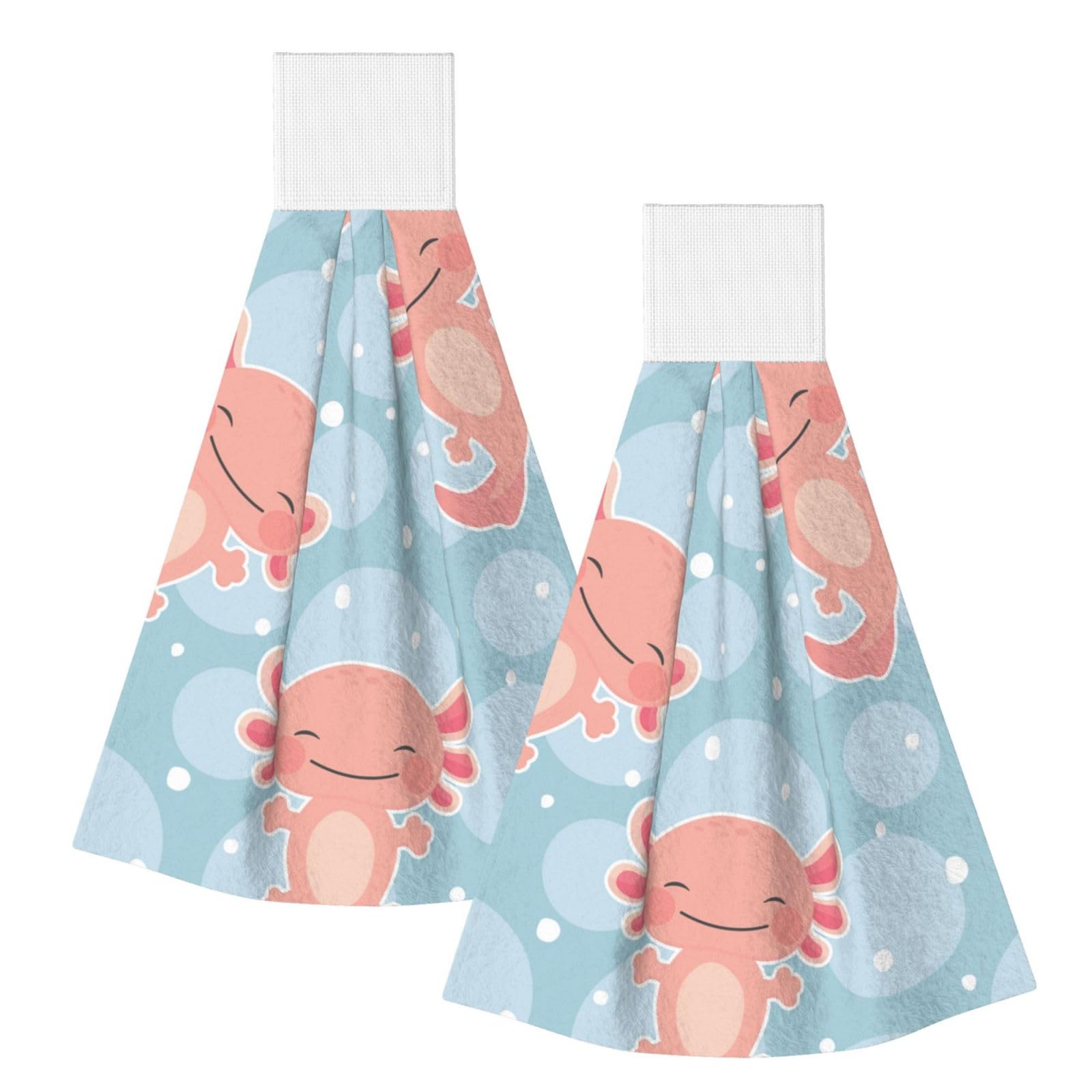 DOPKLNA Cute Axolotl, 2 Pcs Hanging Coral Fiber Hand Towels for Bathroom, Absorbent Kitchen Towels