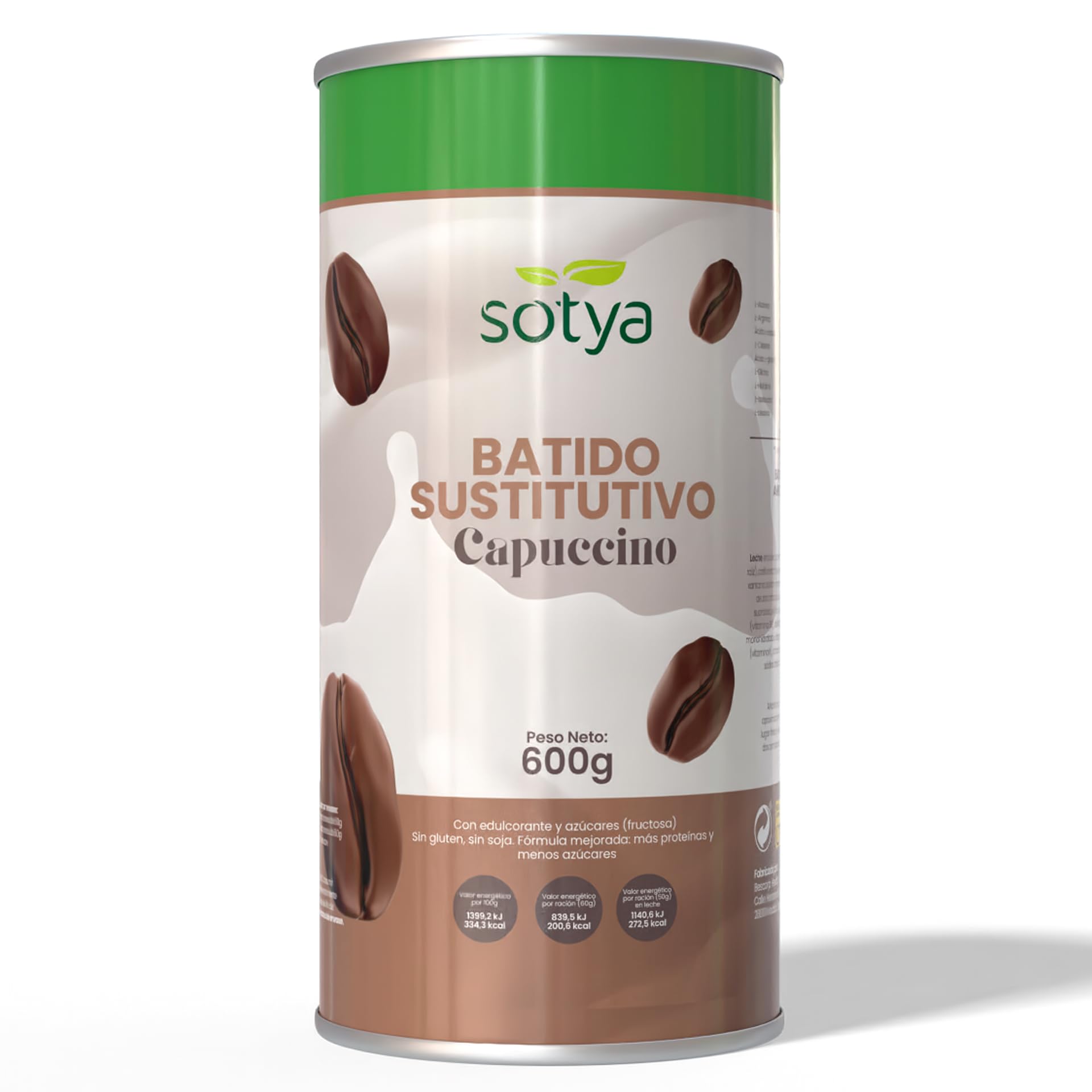 Batido Sustitutivo Capuchino (600 g) Sustitutivo de Comida en Polvo para Control de Peso, con Proteínas, Fibra, Vitaminas, Minerales y Café Instantáneo