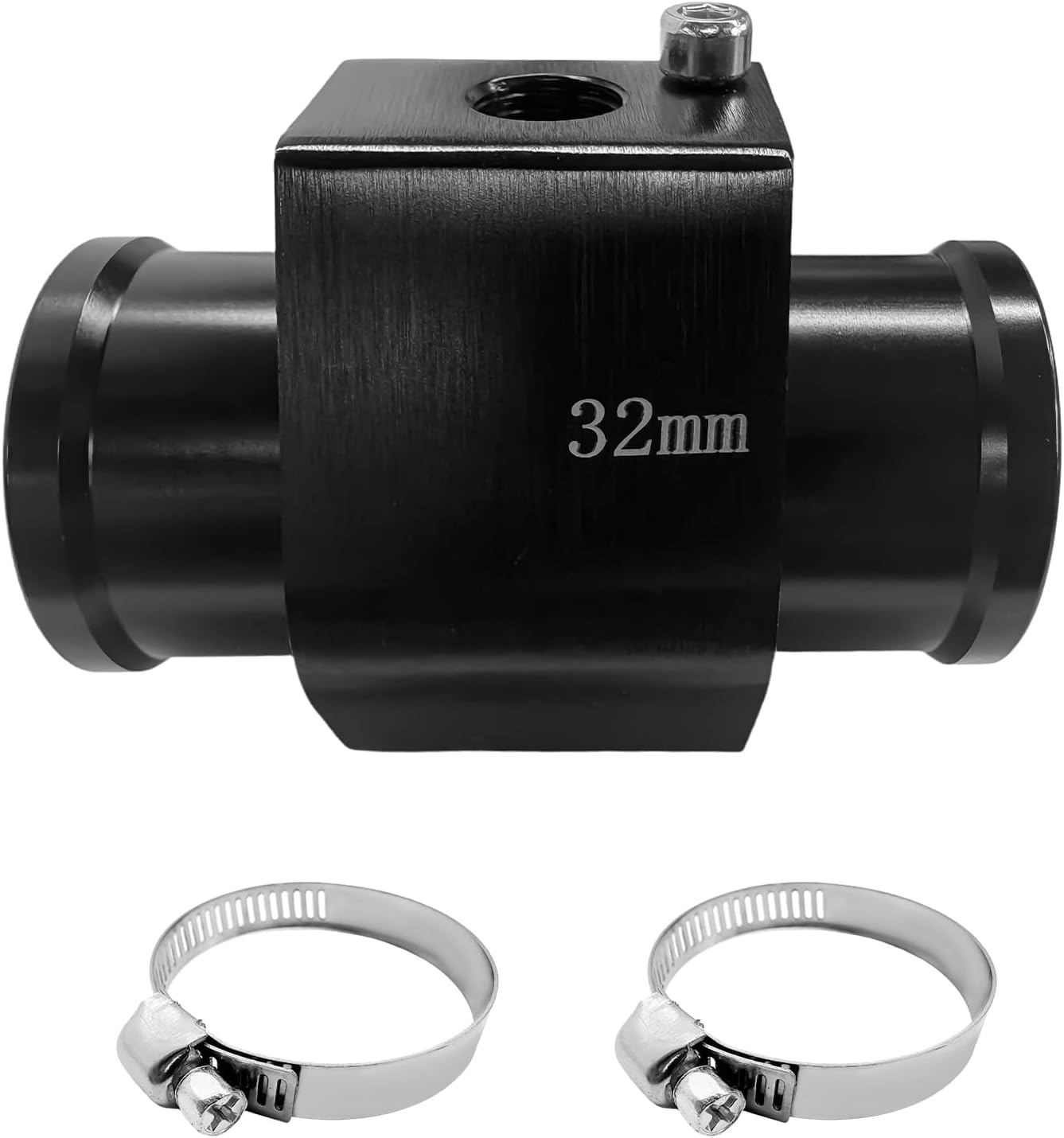 Auto Water Temp Joint Pipe, 32mm Aluminum Alloy Water Temp Meter Connector with Clamps, Rustproof Temperature Gauge Joint Pipe Radiator Sensor Adapter for Car Truck SUV
