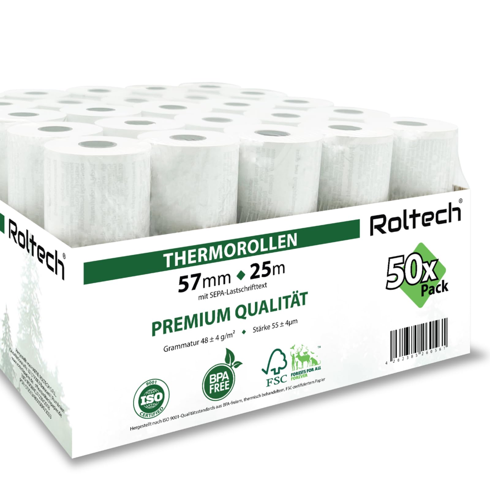 50 Thermorollen | 57mm x 25m x 12mm | mit SEPA-Lastschrifttext | BPA frei | EC Cash | Kassenrollen | Thermopapier | Bonrollen | Premium Qualität (50 Rollen)