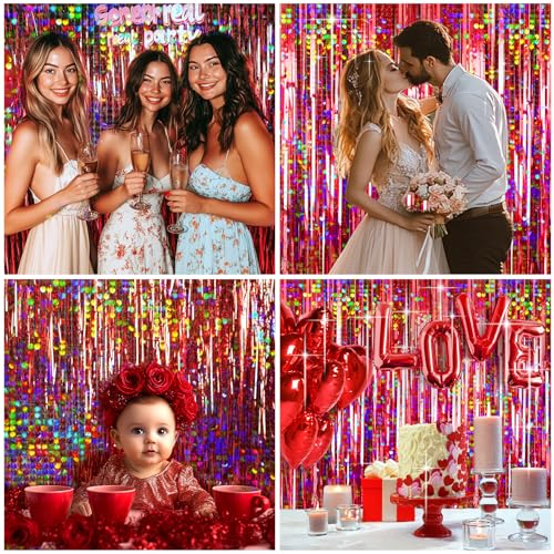 Image of 4 Packs Red Foil Fringe Curtain, Red Glitter Metallic Tinsel Backdrop for Birthday, Wedding, Baby Shower, Halloween, Christmas, Carnival, Casino Party Decorations Supplies