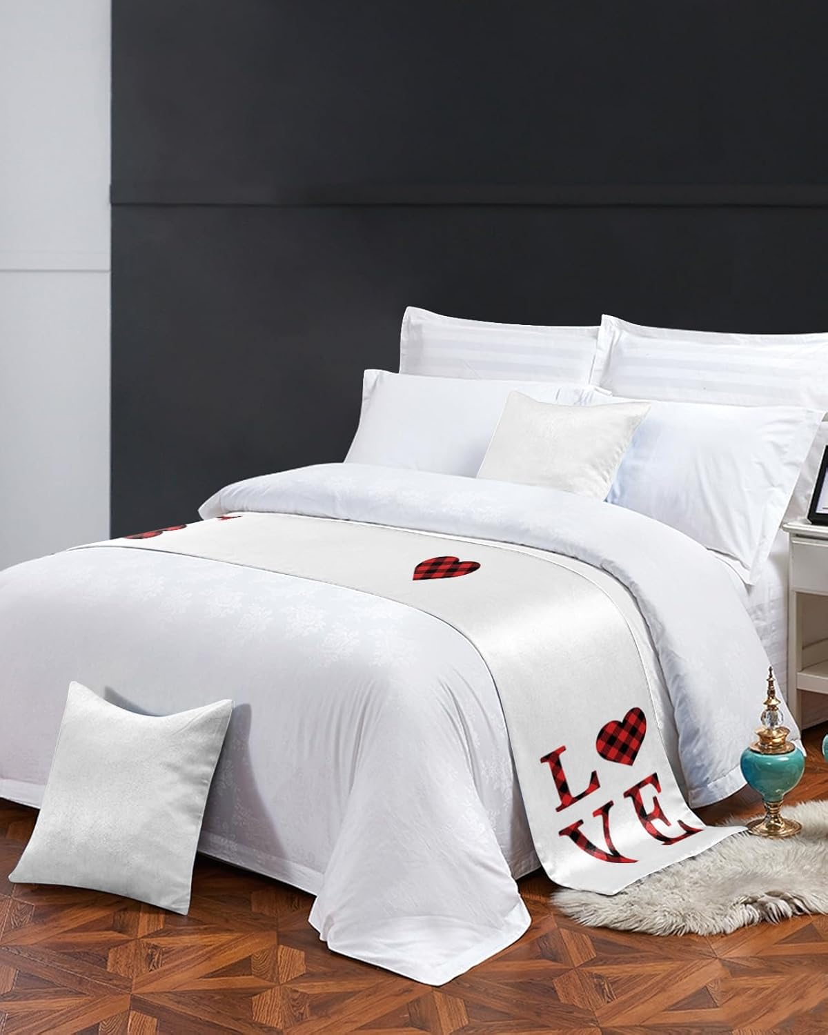 Smile Sunflower Bed Runner Scarf Love Red Plaid White Background Bedding Scarf Decorative Bed Runners Cover for Home Bedroom Hotel Wedding Room Bed Scarf for Foot of Bed Full 83x20in