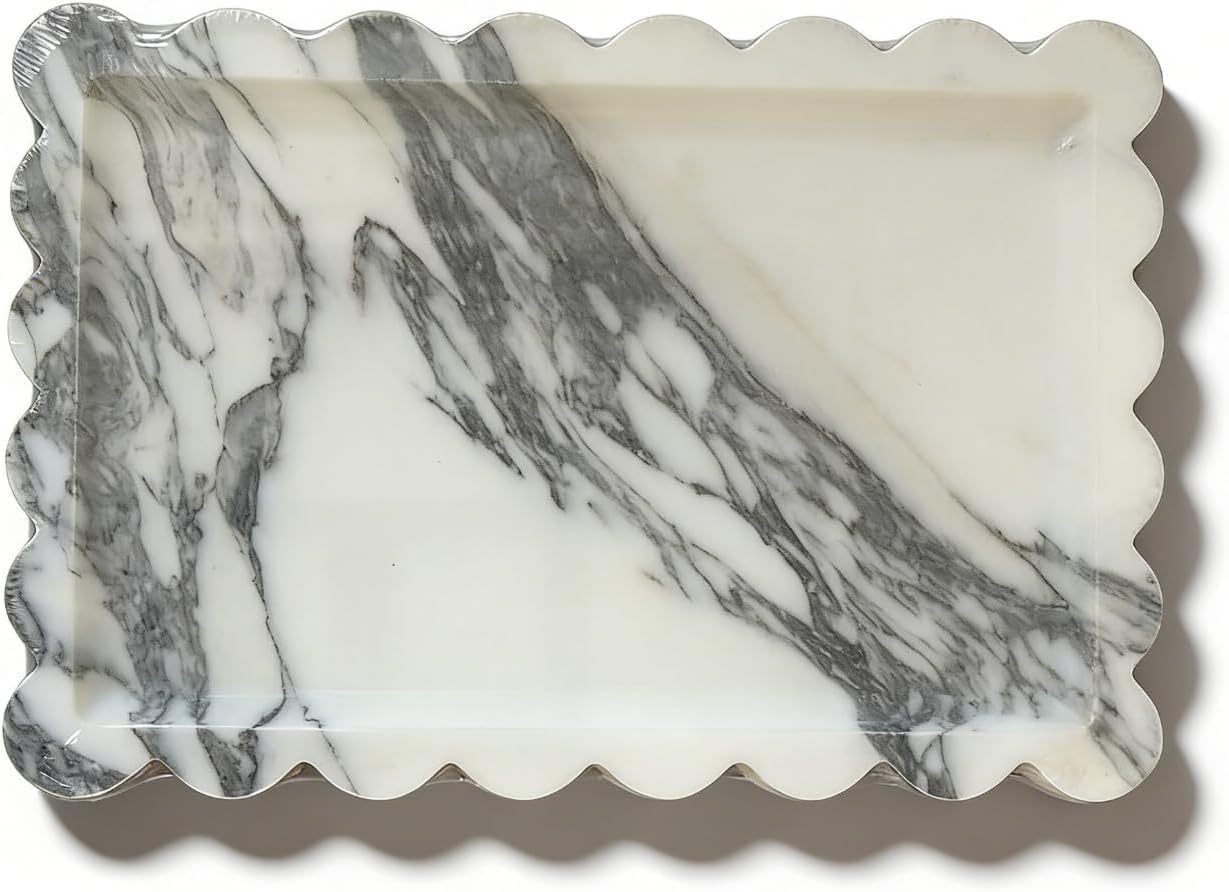 Genuine Calacatta Viola Scalloped Marble Tray, Real Natural Marble Stone Tray, Luxury Decorative Trays for Bathroom, Dresser, Vanity, Kitchen, Home Decor, 10.6” x 8", Calacatta Viola Purple