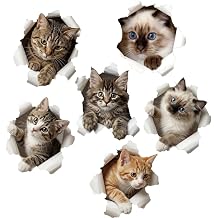 6Pcs 6 Styles 3D Animal Wall Stickers Cats Break Through Design, Broken Wall Decal Removable Vinyl Peel and Stick Self Adhesive Art Murals for Living Room Bedroom Bathroom Home Decorations