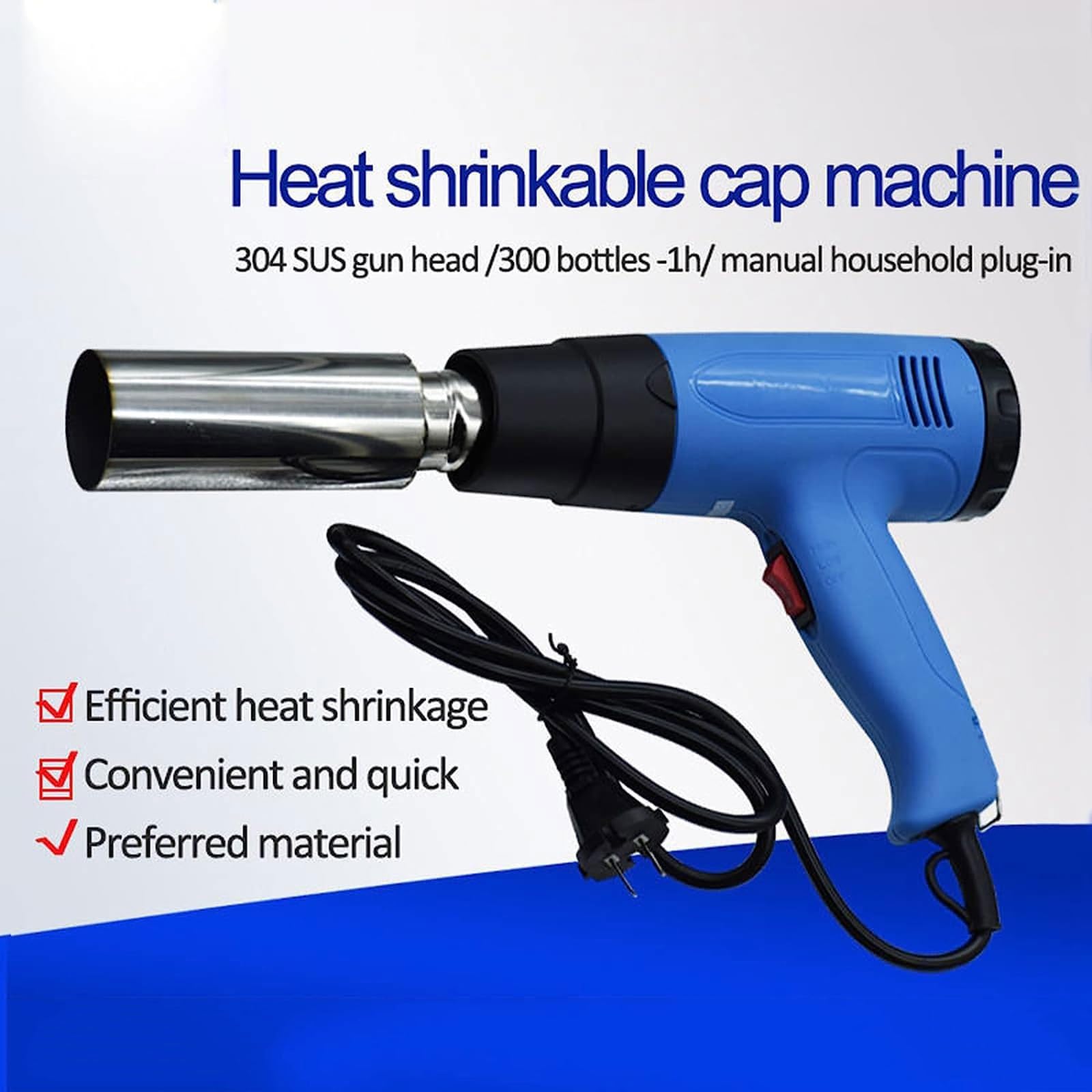 Pistolet thermorétractable for capsules de vin en PVC, 1600 W, 50 mm, machine à sceller les enveloppes de bouteilles de vin, écran LCD et contrôle de température 40-600 ℃, deux vitesses, for emballage