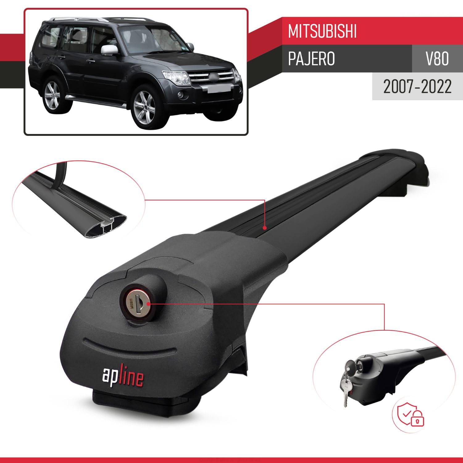 Compatible con Mitsubishi Pajero (V80) 2007-2022 Modelo Ace-1 Barra de Techo Auto Portaequipajes Barras Transversales Negro Aluminio 2 Barras