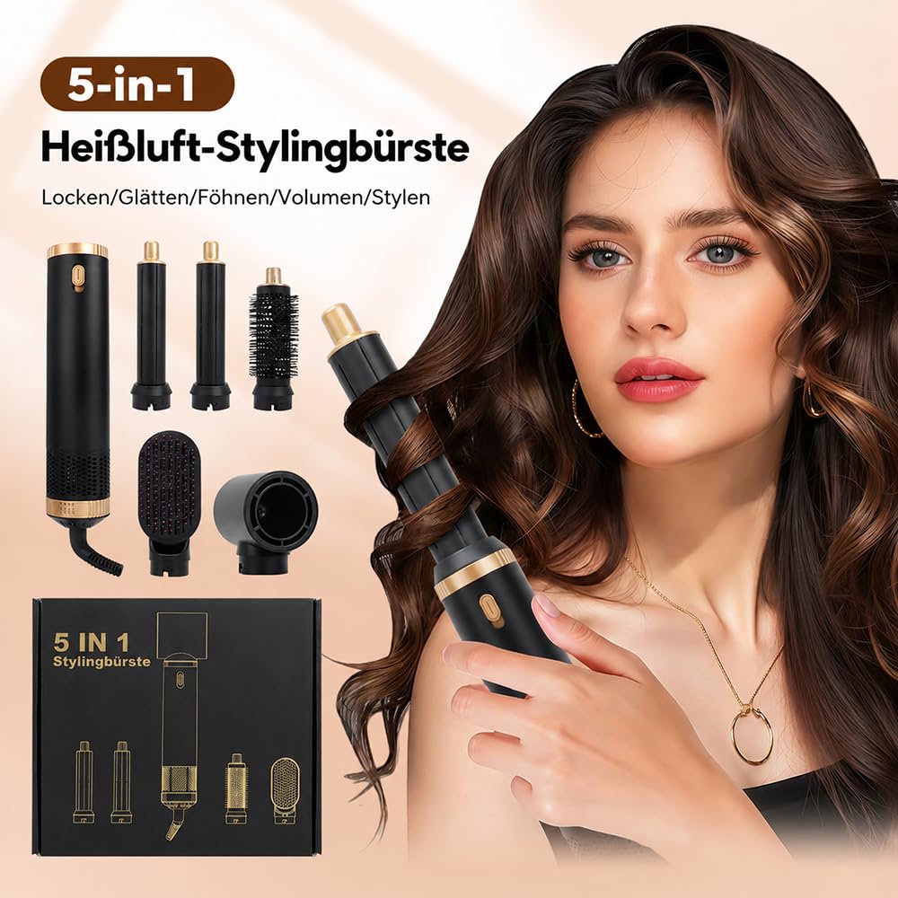 Airstyler 5 en 1 Set de estilizador de pelo, cepillo de aire caliente, estilizador multifuncional con 5 cabezales intercambiables, secador de pelo de iones para alisar, secar, volumen y rizos