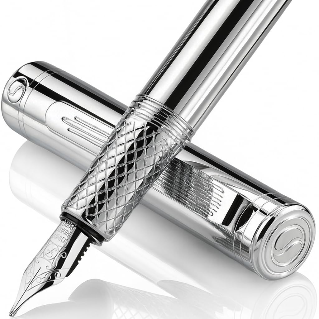 Scriveiner Silver Chrome Fountain Pen (Fine), Award Winning Luxury, Heavy Pocket, Chrome Finish, Schmidt Nib, Converter, Best EDC Writing Pen Gift Set