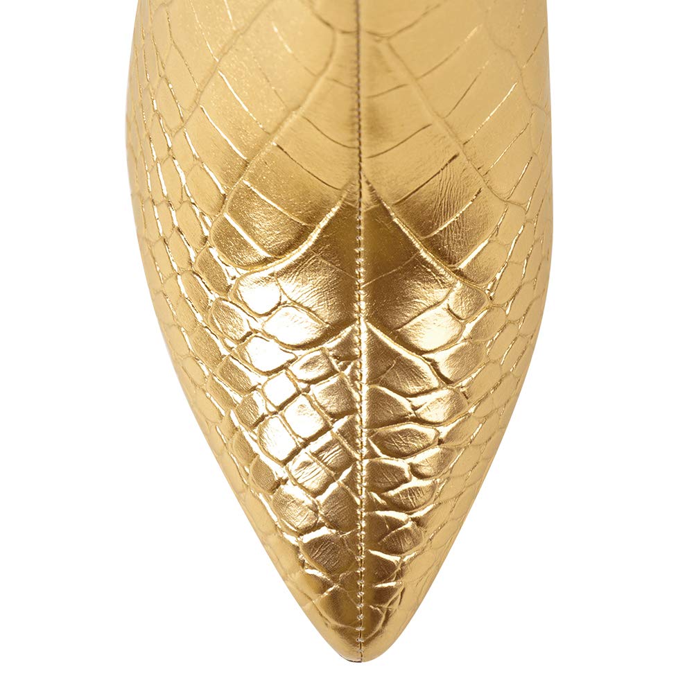 LISHAN Women's Snakeskin Chunky 4in Heel Crocodile Pull On Mid Calf Boots