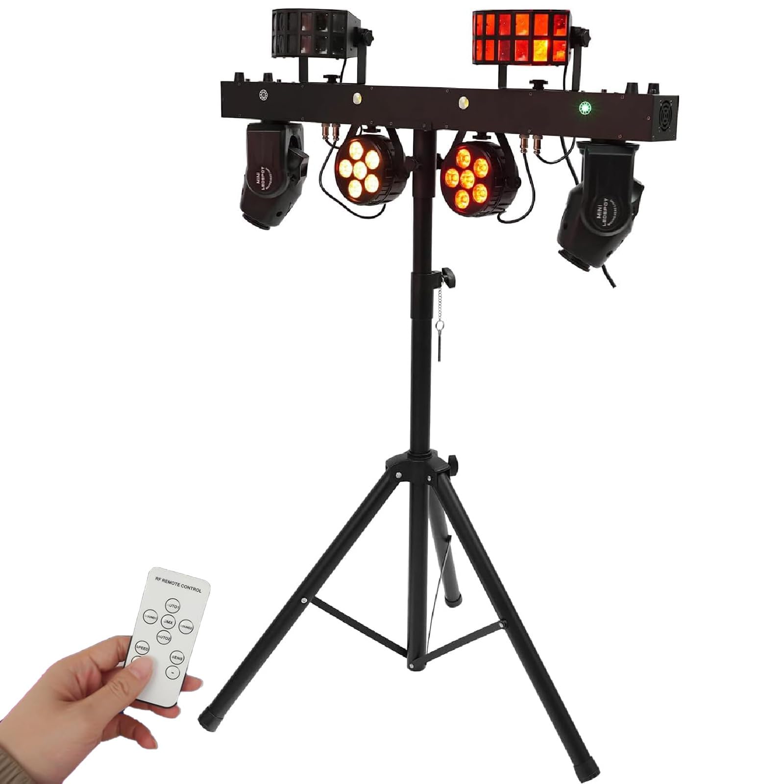 Lampa DJ-ska 5 w 1 ze stojakiem, oświetlenie sceniczne z 2 ruchomymi reflektorami, 2 lampami PAR i 2 lampkami motylkowymi, pakiet oświetlenia DJ z pilotem, do barów KTV