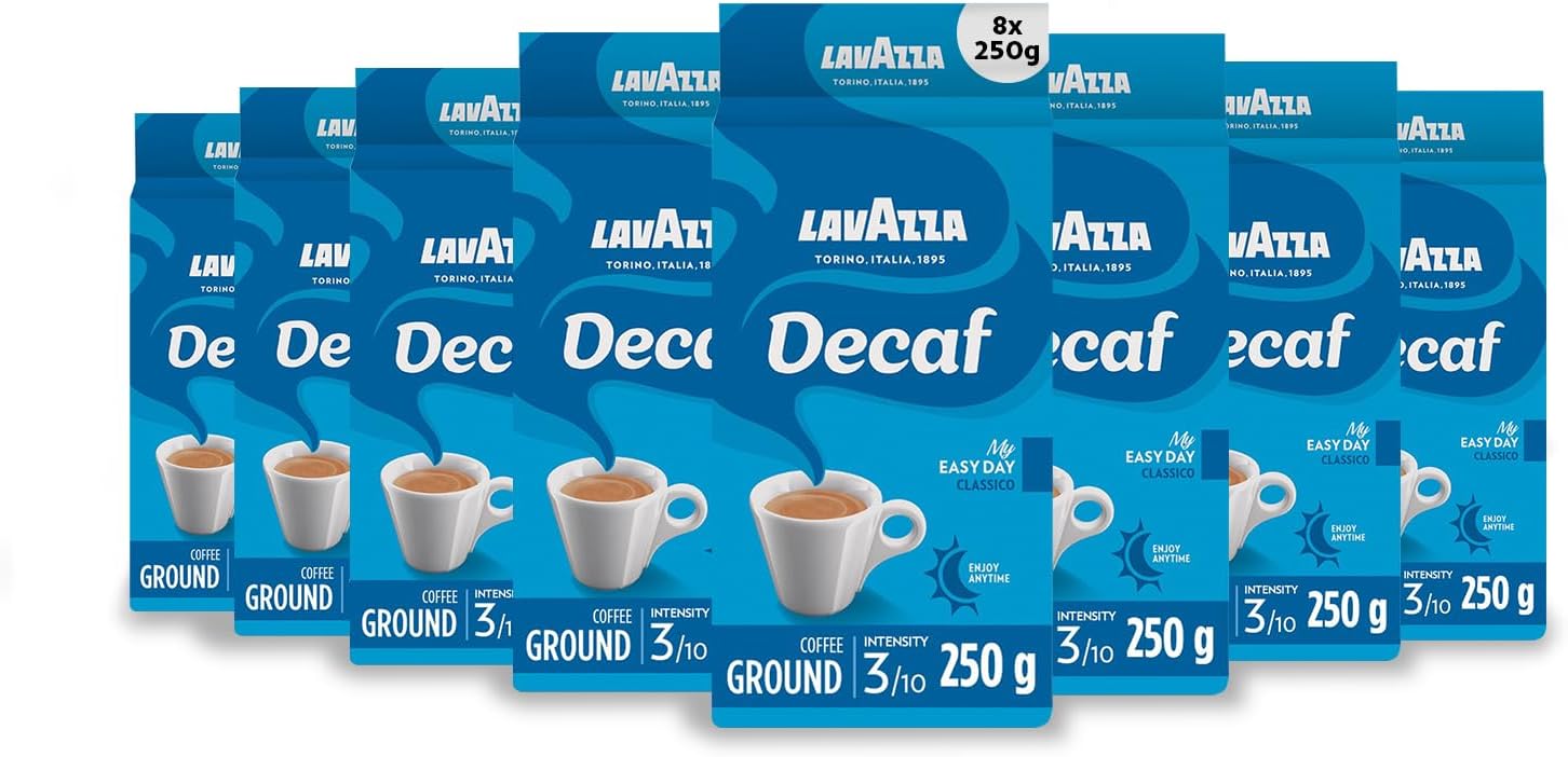 Lavazza, Caffè Decaffeinato, Ground Coffee, 8 Packs of 250 g, Ideal for Moka Pot, Filter Machine and French Press, Aromatic Notes of Dried Fruits, Arabica and Robusta, Intensity 3/10, Medium Roasting