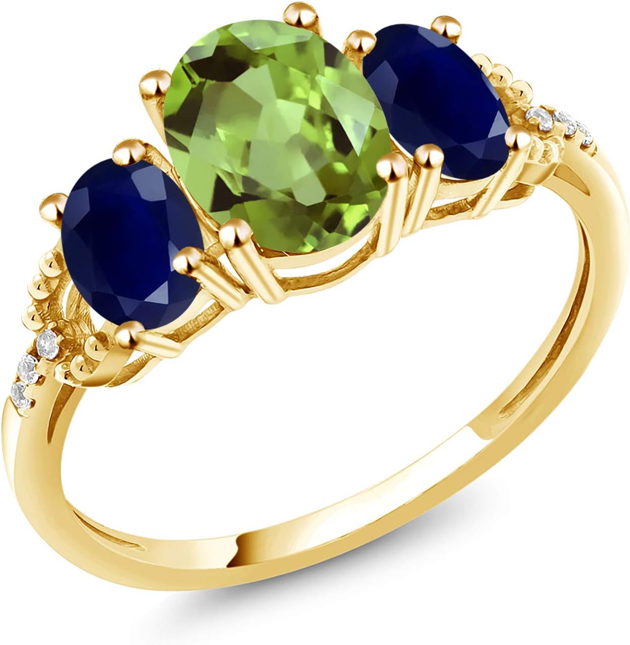 Gem Stone King 10K Yellow Gold Green Peridot Blue Sapphire and Diamond Accent Engagement Ring | 2.56 Cttw | Oval 8X6MM and 6X4MM | 3 Stone Wedding Anniversary Promise Ring For Women