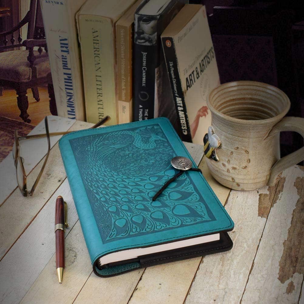 Modern Artisans Blue Peacock American Made Embossed Leather Writing Journal + Refillable A5 Hardbound Insert Book