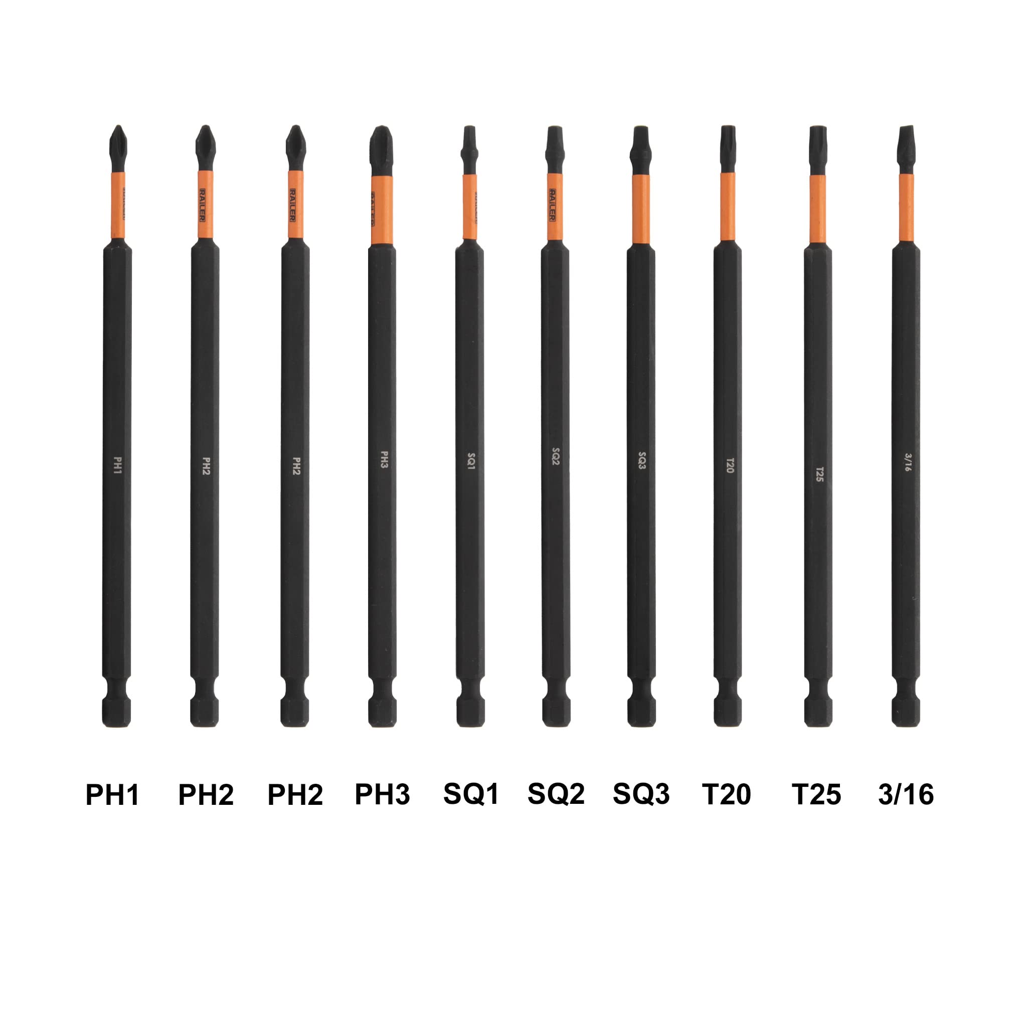 Railer Juego de puntas de destornillador de 6 pulgadas – Juego de 10 brocas Phillips, cuadrado, Torx y hexagonal de acero S2 de 6 pulgadas con un soporte magnético de almacenamiento y mosquetón