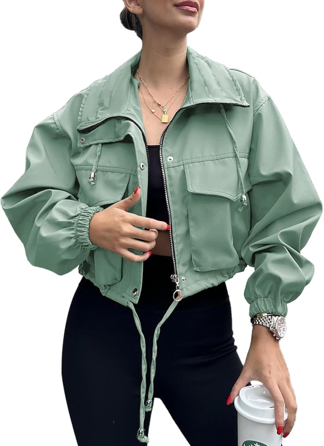 Tankaneo Womens Cropped Jacket Zip Up Lightweight Oversized Utility Anorak Coat with Pockets