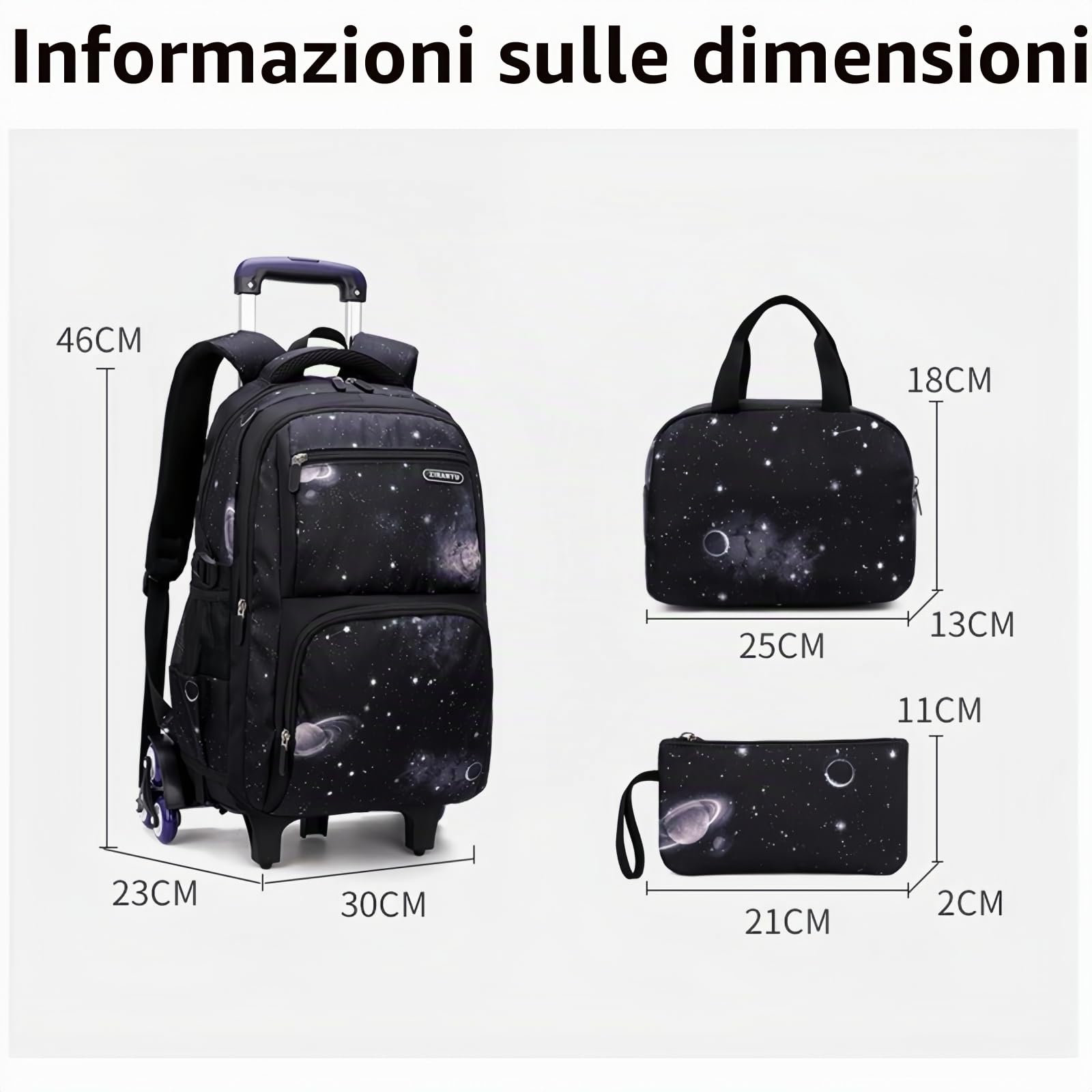 Zaino Trolley per Ragazzi Elementare Zaino Scuola con Ruote 3 Set Borsa per il Pranzo e Astuccio per le Matite