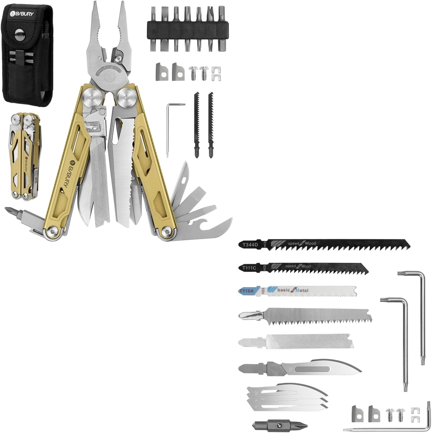 BIBURY Multitool Pliers Pro BI2045 with Spare Parts Kit, Foladable Multitools with Replaceable Wire Cutters and Saw, Upgraded Scissors and Screwdriver Set, Ideal for Camping, Fishing, Survival