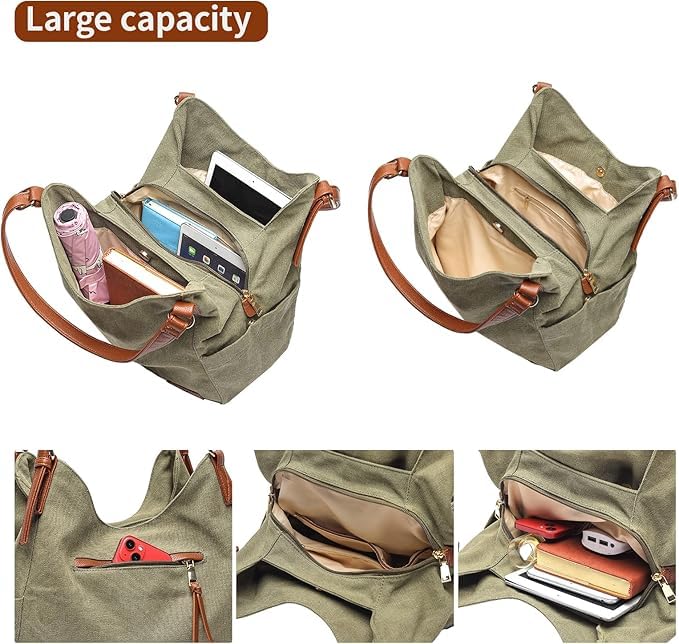 Image of Worldlyda Women Canvas Hobo Purse Multi Pocket Tote Shopper Shoulder Bag Casual Top Handle handbag with Embroidery Ethnic