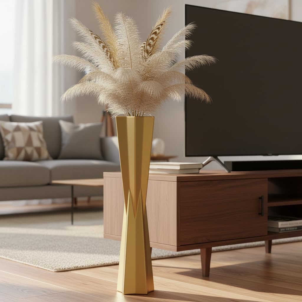 Star Tapered Gold Floor Vase, 27.5" Tall Modern Decorative Vase for Large Pampas Grass, Feathers, Dried Reeds, Luxury Home Decor Centerpiece for Living Room, Entryway, Fireplace - Resin