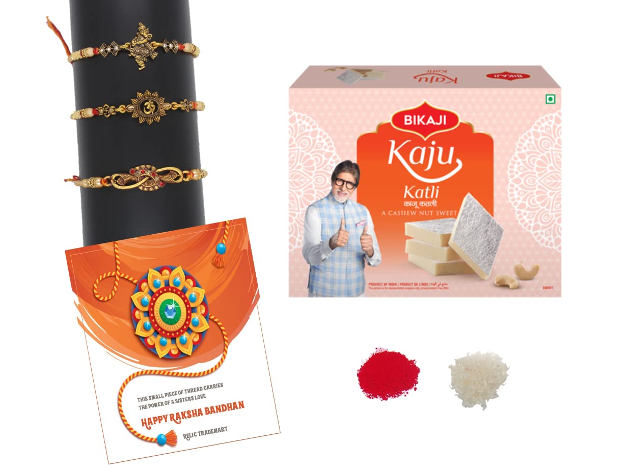 Relic Trademart, Dancing Ganesha -Om Rakhi set of 3 with Sweetness of Bikaji Kaju Katli 250gm, beautiful Greeting Card and Roli Chawal for Tilak (B0B5PP5SZ7) Amazon Price History, Amazon Price Tracker