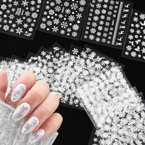 3D White Snowflake Nail Stickers Christmas Nail Art Stickers 3D Snowmen Xmas Bell Elk Design Stickers Winter Nail Decals Santa Claus Christmas Nail Supplies for Women DIY Manicure Decor Tips 30 Sheets