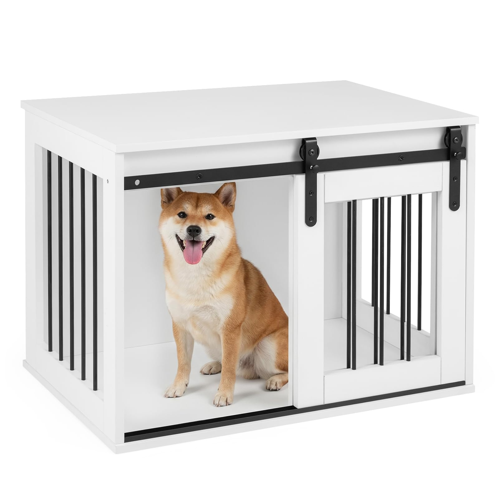 FANTASK Hundekäfig Möbel 80 cm, Hundebox mit Schiebetür & Metallrahmen, Hundeschrank aus Holz als Beistelltisch für kleine & mittelgroße Hunde, für Wohnzimmer, Schlafzimmer & Flur (Weiß)