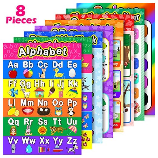 Blulu 8 Educational Preschool Poster for Toddler and Kid Learning with 60 Glue Point Dot for Nursery Preschool Homeschool Kindergarten Classroom Teach Number Alphabet Color Month and More 16 x 11 Inch