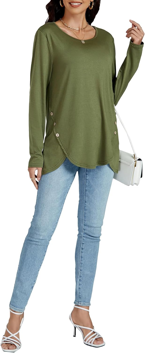 Rooscier Women's V Neck Long Sleeve Wrap Hem Button Casual Blouse Tunic Top - Image 4