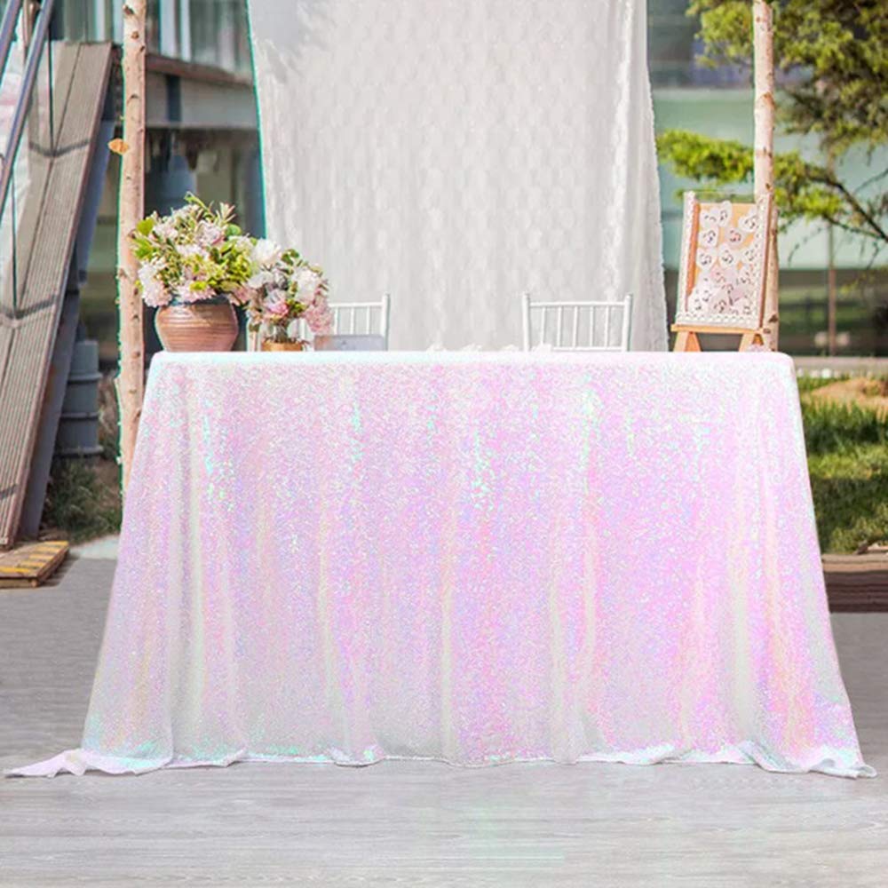 B-COOLWhite Iridescent Sequin Tablecloth Mermaid Table Cloth Overlays Rectangle Sequins Table Linen Seamless Rectangle Tablecloth for Wedding Parties Birthday 60x102inch