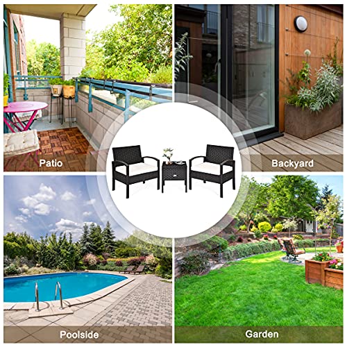 Toolsempire Outdoor Conversation Set 3 Pieces Patio Furniture, Patio Sofa Chair Wicker Set With Waterproof Cushion & Wicker Rattan Table For Backyard, Balcony (Beige) #TOP4