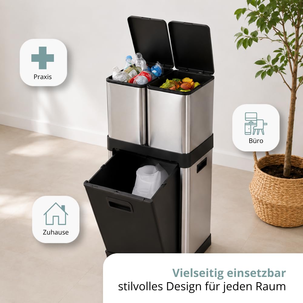 hjh OFFICE Mülleimer CLEAN 3 – Mülltrennsystem mit 3 Fächern, 2x 6L + 1x 20L, Soft-Close-Deckel, Edelstahl-Abfalleimer für Innenbereich, Silber