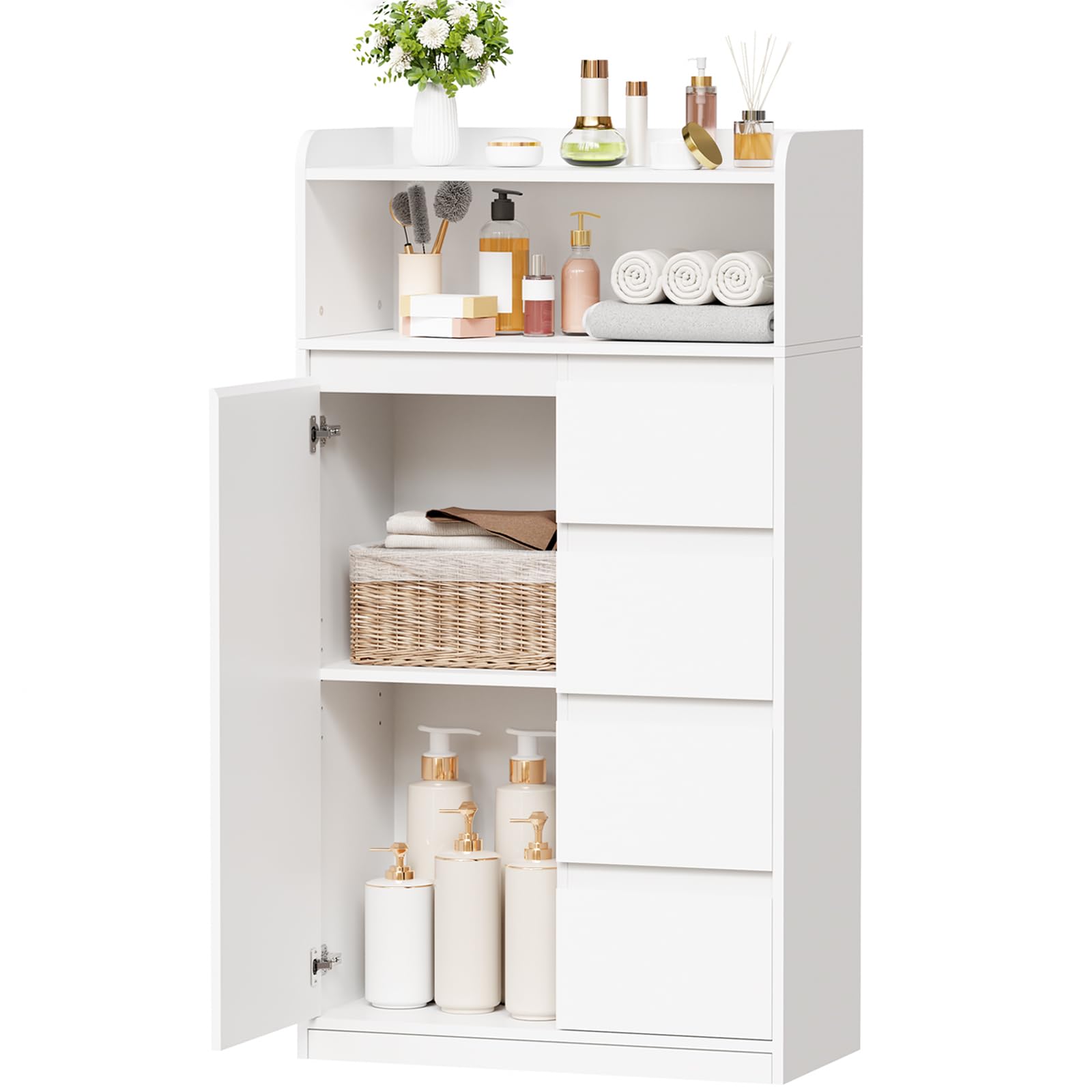 ANWBROAD Armario de Baño con 4 Cajones, 1 Puerta de Armario y Estantes Ajustables, Armario de Almacenamiento para Baño, Salón, Cocina, Blanco, 110 x 60 x 30 cm, SBC014W