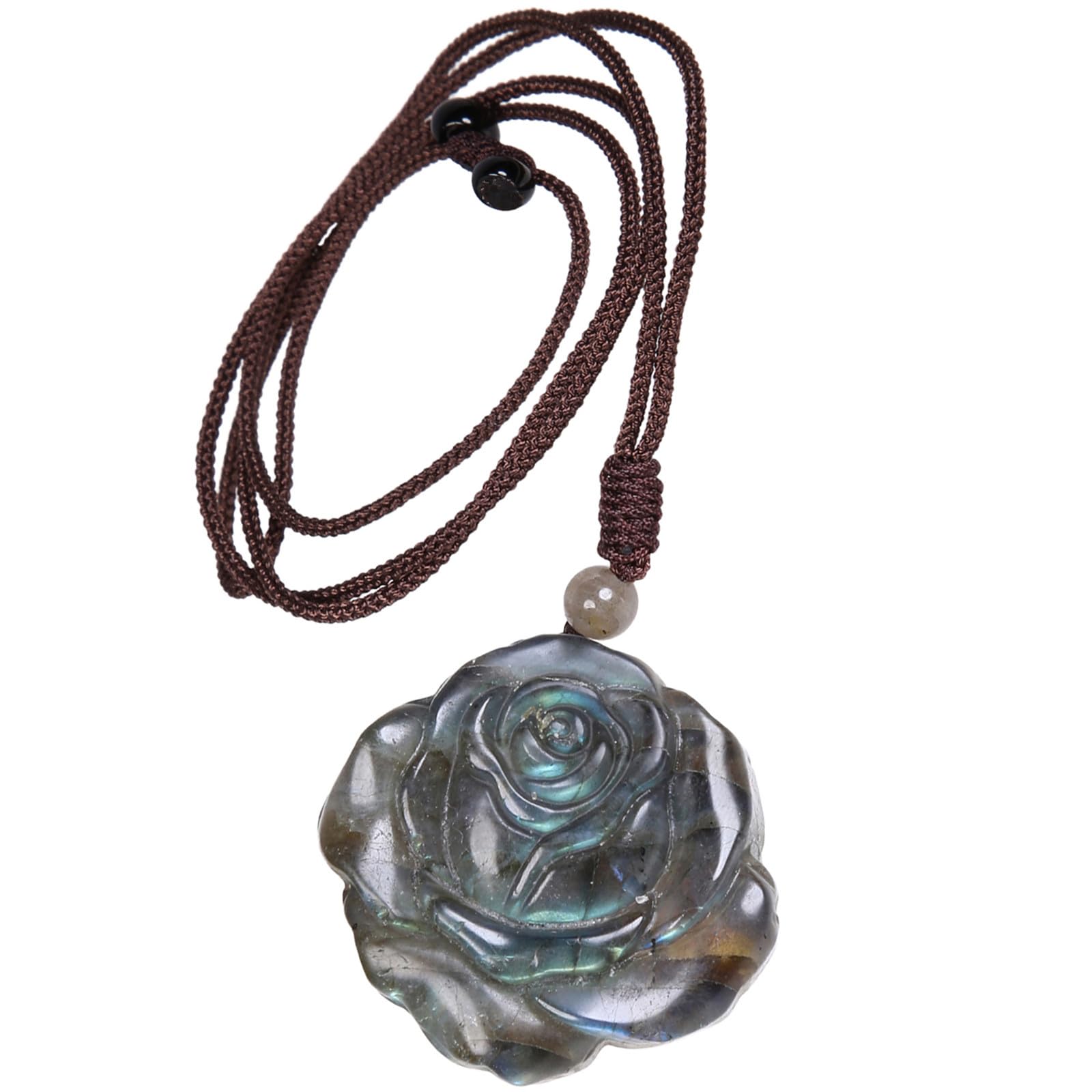 Nupuyai Rose Flower Labradorite Crystal Stone Necklace for Women Men Natural Carved Stone Pendant with Adjustable Rope