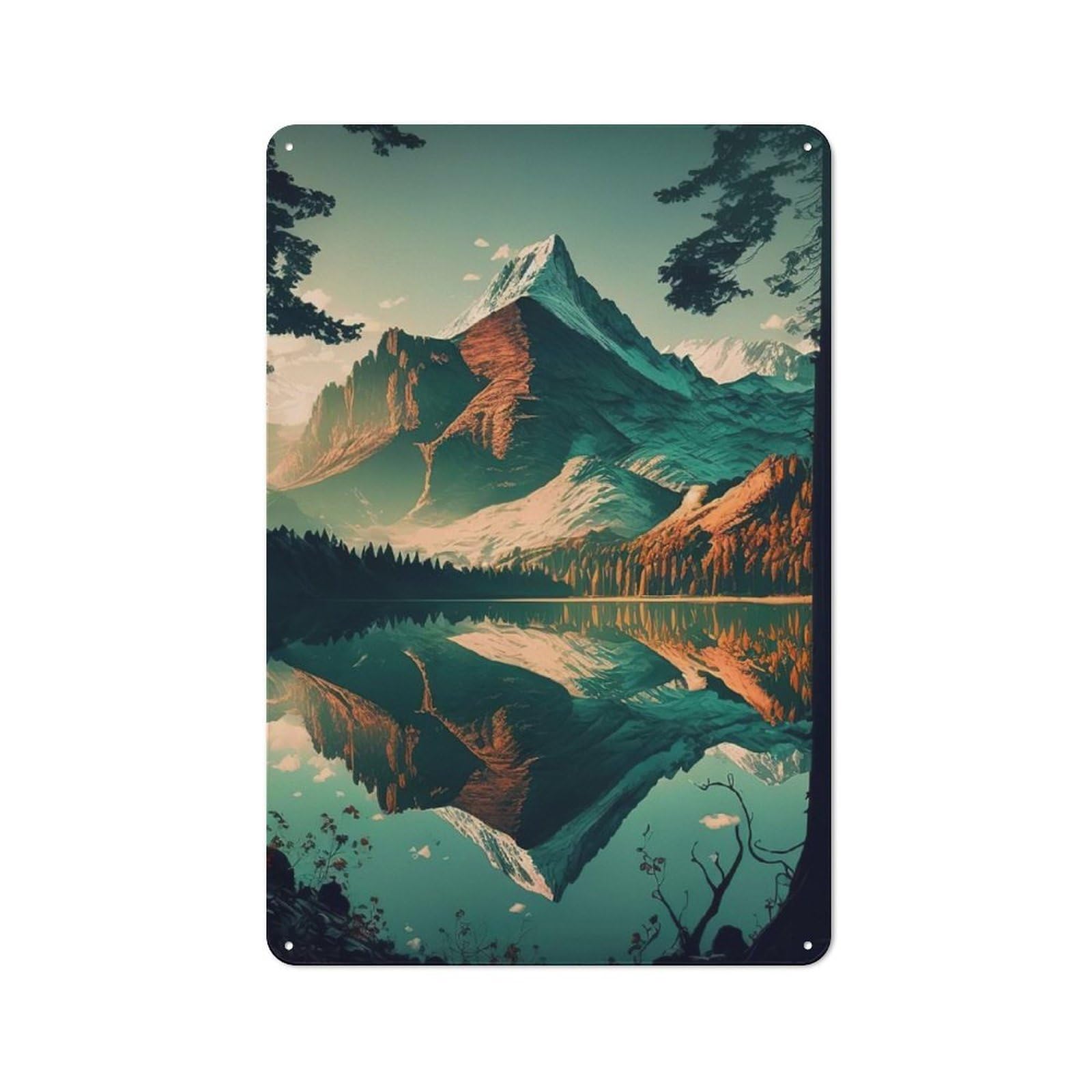 Tin Wall Plaque 30x20cm with Mountain Lake Landscape for Hallway Wall, with Clear Retro Wall Decor Character