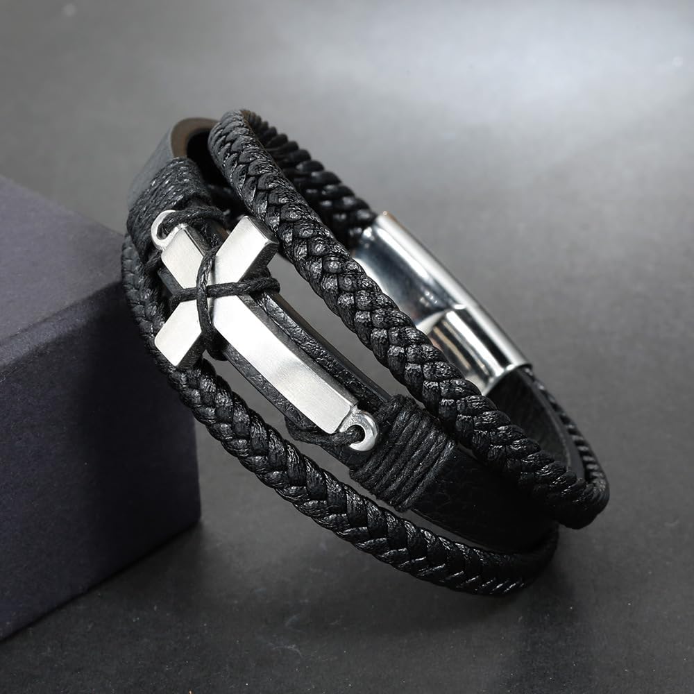 Cross Bracelet for Men,Stainless Steel Black Braided Leather Religious Bracelet with Stainless Steel Silver Cross Stylish Christian Jewelry 21 cm / 8.26 inches