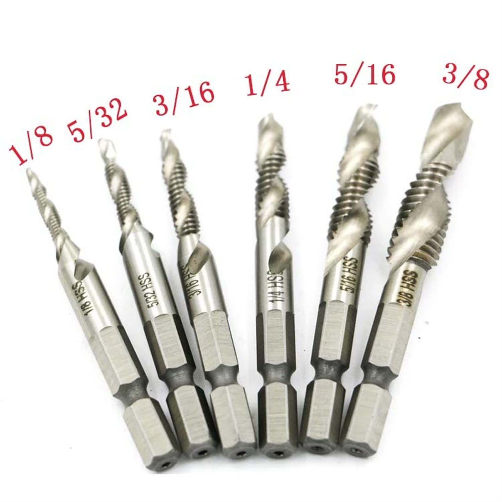 6pcs 1/8-3/8 Inch BSW Thread HSS Combination Drill Tap Bit Set 1/4 Inch Hex Shank Deburr Countersink Bits MINGPING