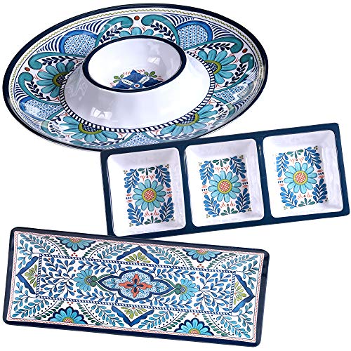 Talavera 3-Piece Melamine Hostess Serveware Set – Chip & Dip Server, 3-Section Relish Tray, and 19" Rectangular Platter – Colorful Southwest Serving Set for Entertaining & Outdoor Dining by Certified International - Used condition - US$30.74