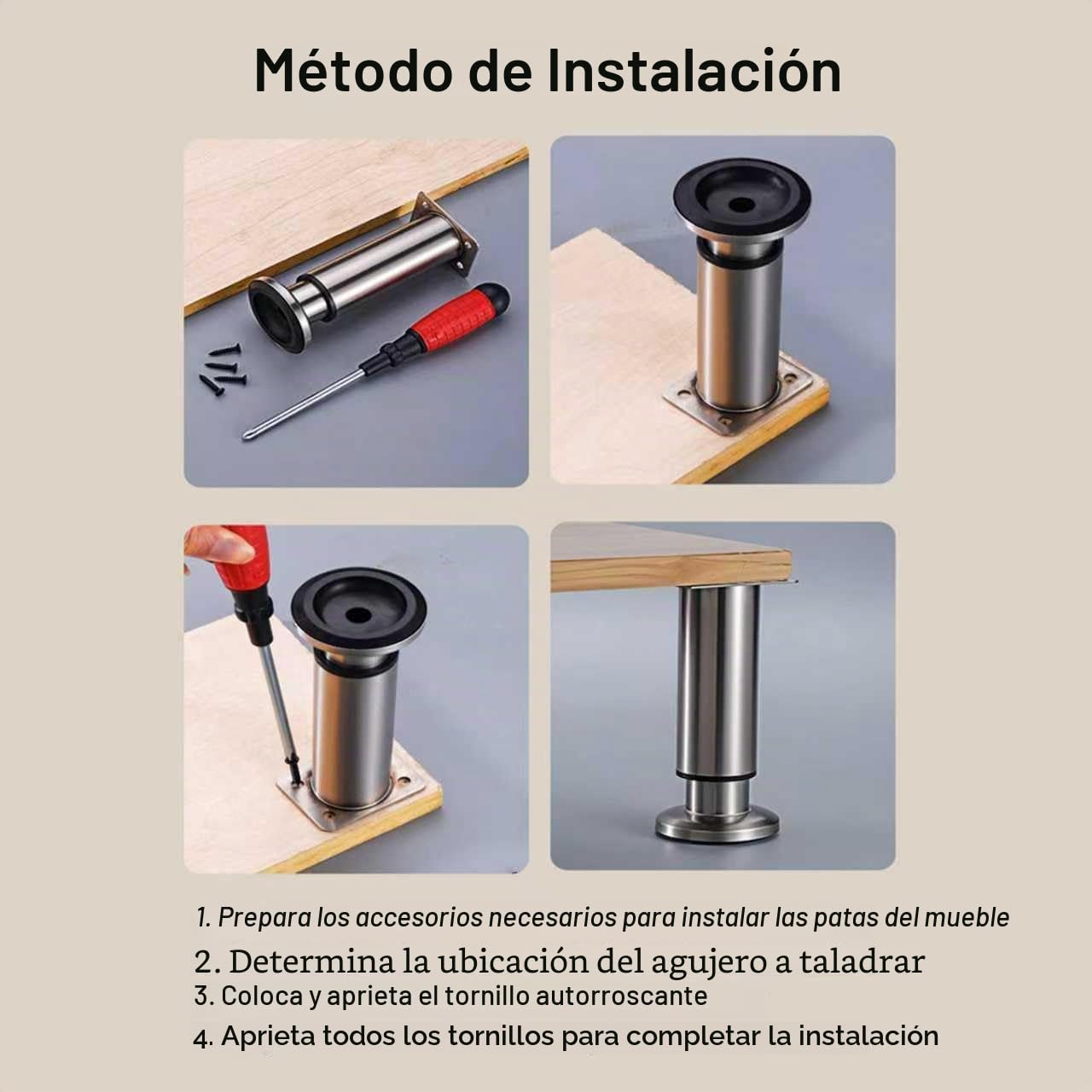 4 patas para muebles de acero inoxidable, patas de mesa ajustables de metal, 25-40 cm (38 mm de diámetro), patas de cama para muebles, sofás, patas ajustables de altura, patas de armario, patas