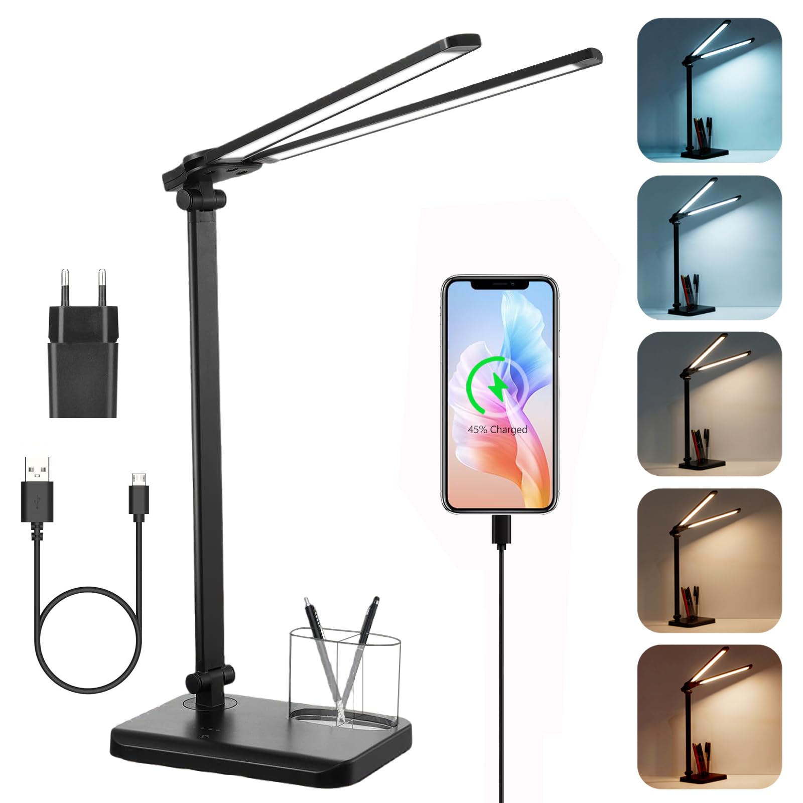 rigors Lampada da Tavolo Doppia Testa con Adattatore, 10 livelli di luminosità 5 modalità di illuminazione, Lampada da Scrivania con porta di ricarica USB e Timer 45 minuti per Ufficio, Monito