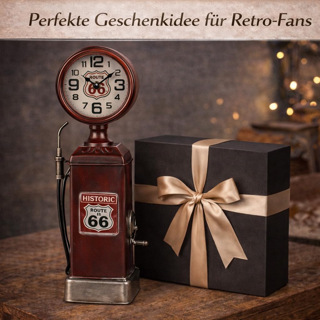 formano Metall Standuhr Tankstelle Retro Tischuhr 40 cm im Route 66 Design Quarz Laufwerk 1x AA Batterie, Vintage Deko Uhr für Wohnzimmer, Büro & Regal im Industrial Stil