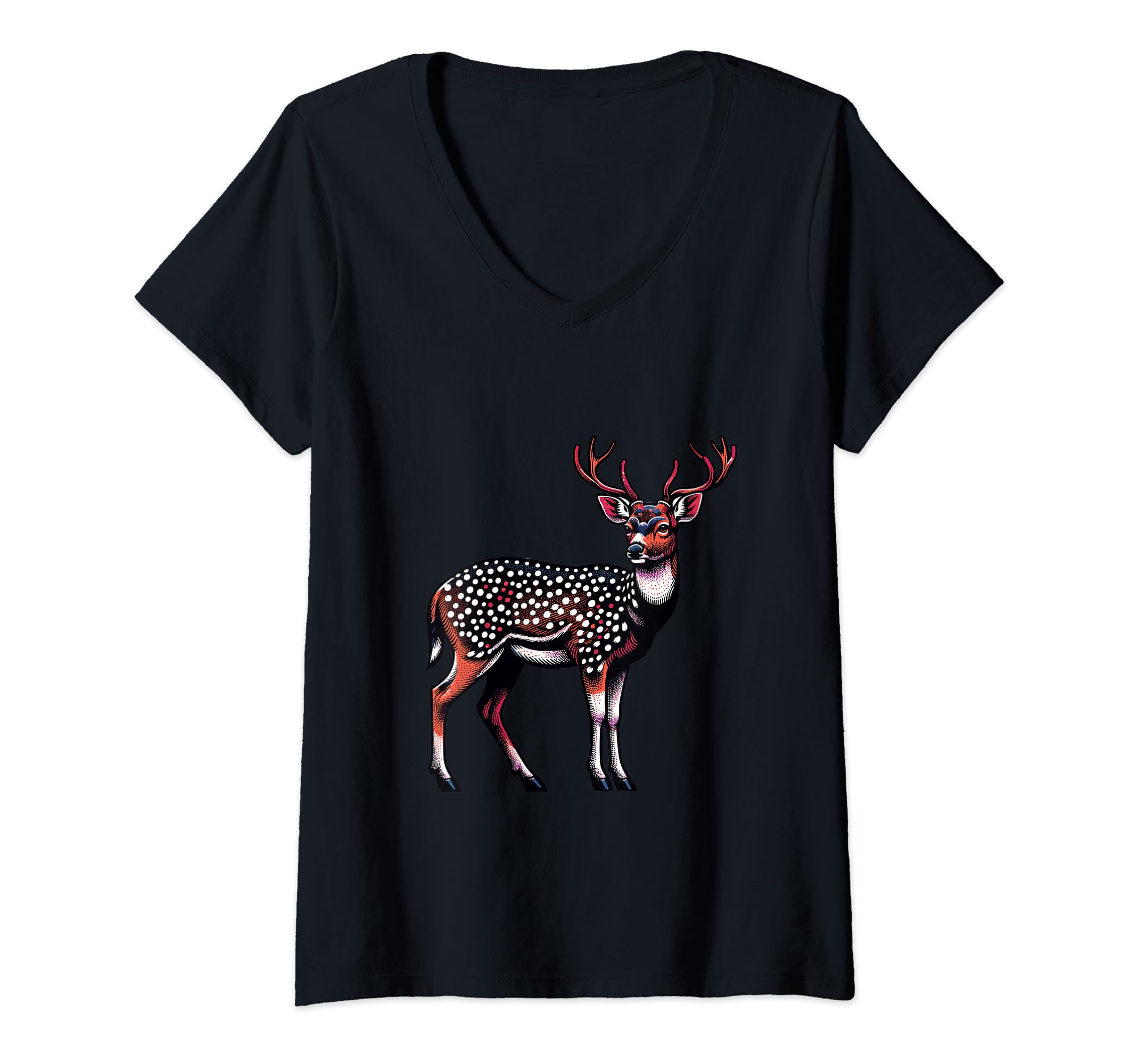 Womens Chital Deer White Spotted Cheetal V-Neck T-Shirt