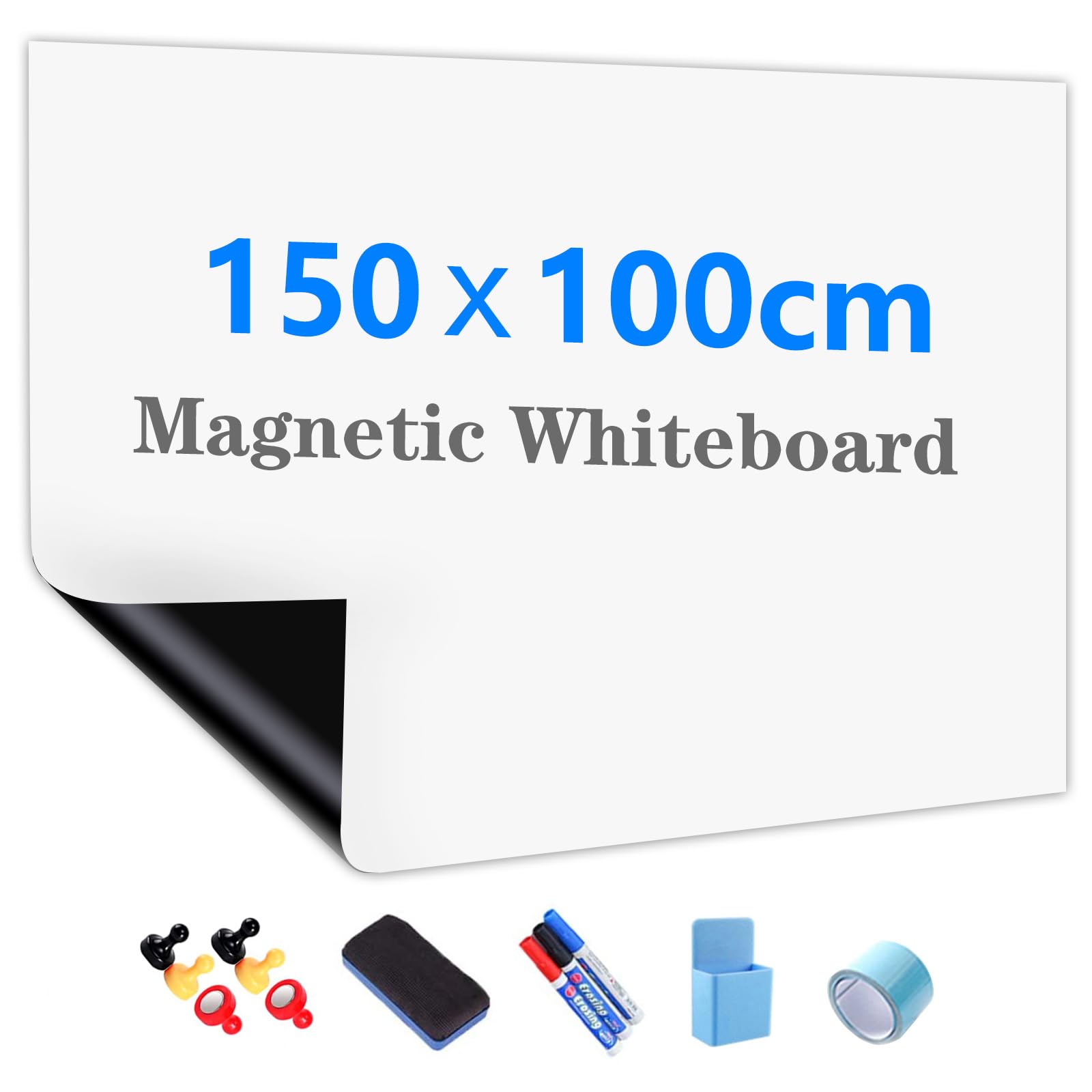 JOMUSAGA Magnetic Whiteboard Paper, 150 x 100 cm, Self-Adhesive Dry Erase Sheets, Whiteboard Film for Wall, Includes Dry Wipe Pens, Eraser & Magnets – Ideal for School, Home & Office