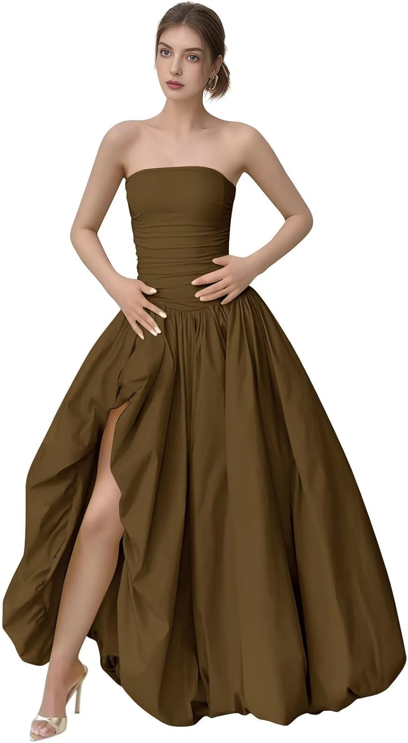 ALFEICE Strapless Satin Prom Dresses with Slit Long A Line Princess Ball Gowns Pleated Ruched Sleeveless Formal Evening Dress