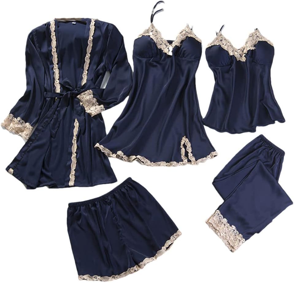 Haitpant Lace Patchwork 5Pcs Sleepwear Nightgown Kimono Bathrobe Gown Satin Lady Nighty Robe Suit Sexy White Wedding Robe