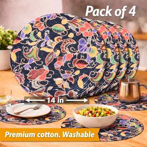 Image of Premium Round Cotton Dining Table Mats Set of 4 | Washable Heat Resistant Food Mat | Circular Dining Table Hot Plate Mats & Coaster for Hot Utensil (14-inch, Printed Floral /Blue)